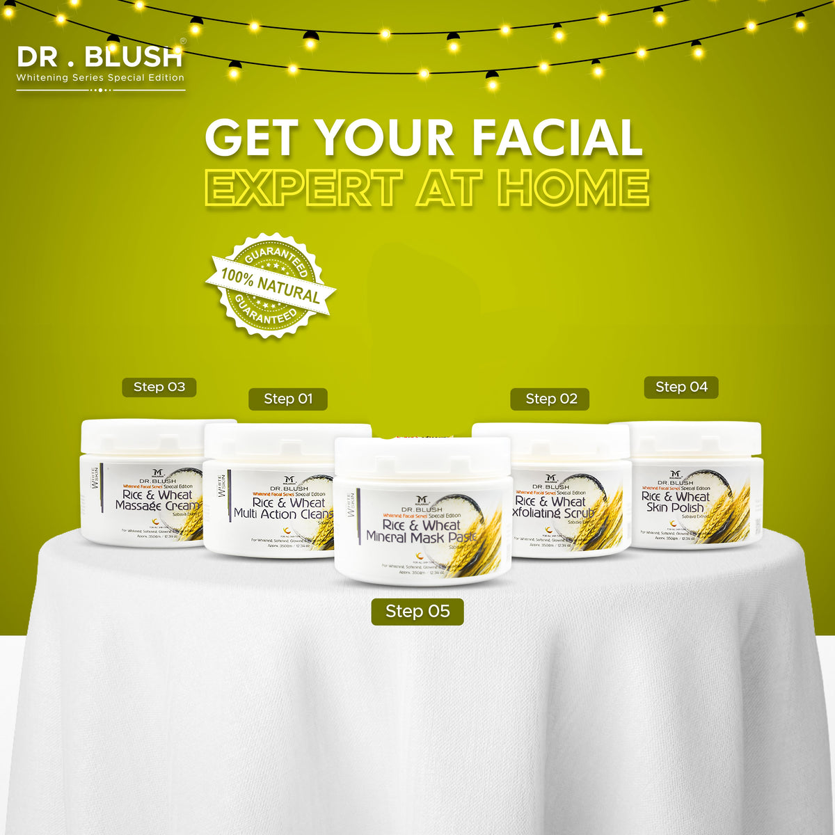 Dr Blush Rice & Wheat Whitening Facial ( full set + milky Serum ) [ 6 items ]